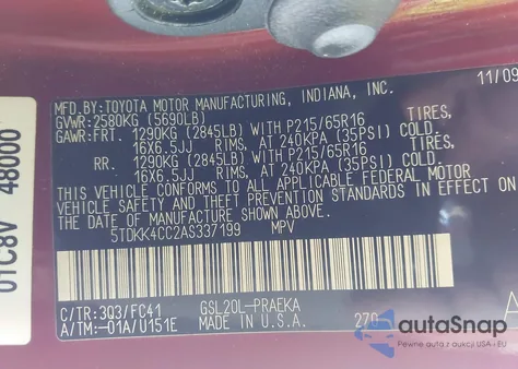 2010 Toyota Sienna Le from USA, damaged, VIN 5TDKK4CC2AS337199